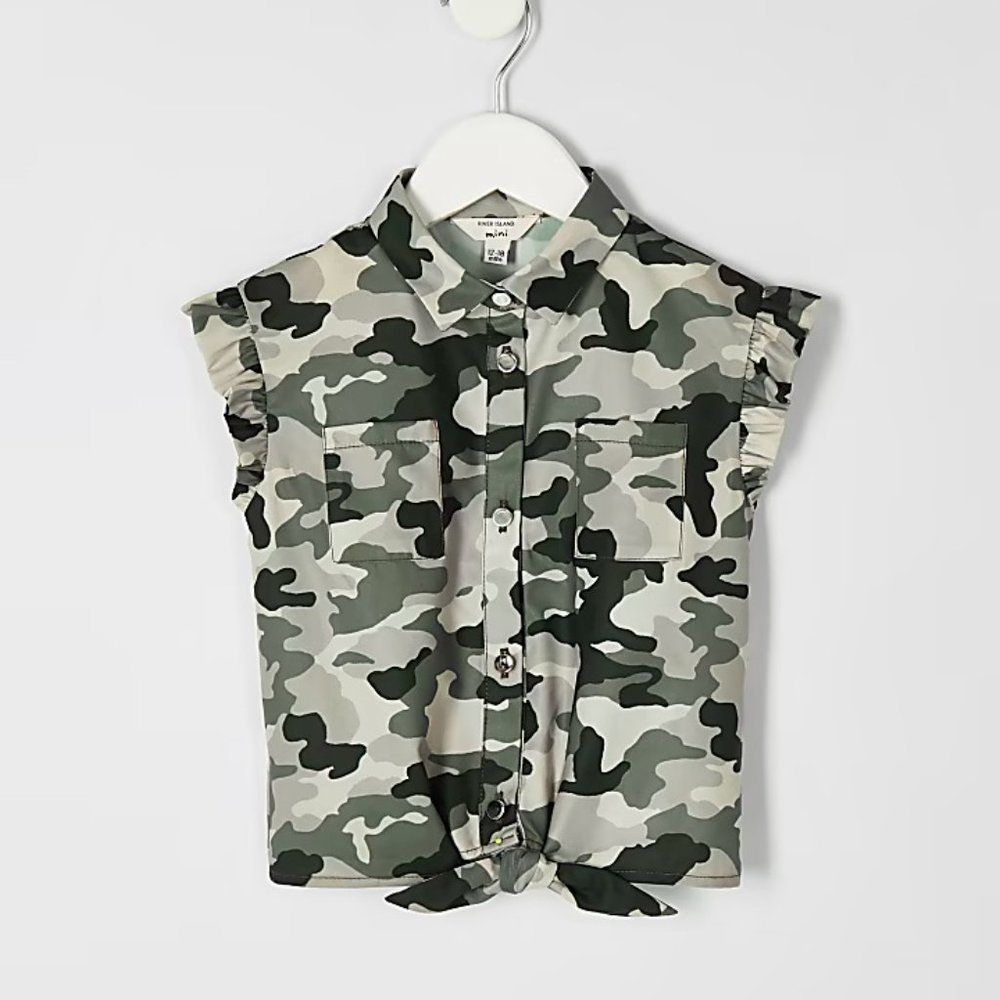 River Island Girls Khaki Camouflage Tie Front Sleeveless Shirt